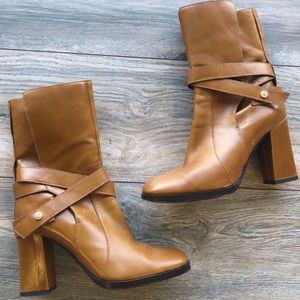 DVF caramel brown strap leather Yardley ankle boots.